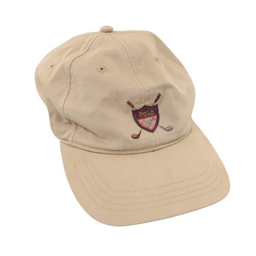 VTG Polo Ralph Lauren Golf Baseball Hat Adjustable Strap Crest Logo Tan Cotton